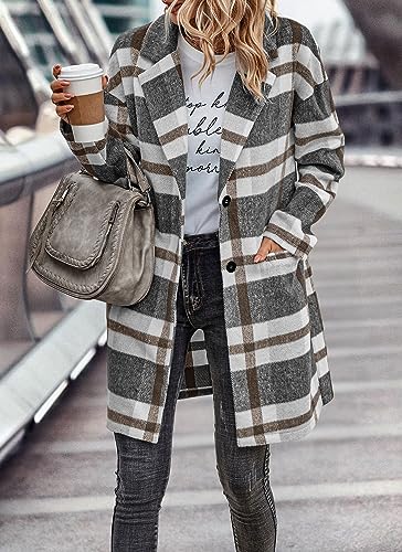 PRETTYGARDEN Women Plaid Shacket Jacket Trendy Fall Casual Button Wool Blend Tartan Trench Coat Winter Clothing with Pockets