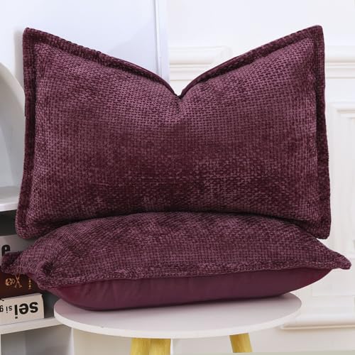 Image of MADIZZ Decorative Chenille Velvet Throw Pillow Covers Set of 2 Soft Boho Textured Neutral Couch Throw Pillow for Bed Modern Farmhouse Home Decor for Sofa Livingroom Burgundy 12x20 Inch
