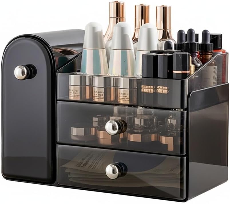 Bird&Fish Makeup Organizer with Sliding Brush Holder, Clear Skincare Organizer with Drawers, Bathroom Countertop Organizer, Sturdy Cosmetic Storage Case for Vanity, Dresser (Black)