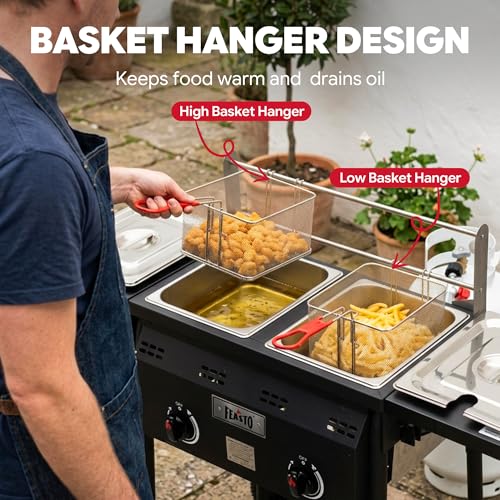 Image of Feasto Outdoor Propane Deep Fryer with Rolling Cart, Dual Tank Fish Fryer | 2 Independent Burners, 100,000 BTU, 4-Gal Oil Capacity, Frying Station with Baskets for Fish, Fries & Chicken