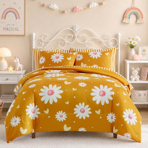 Image of Queen Comforter Set with Sheets for Girls-7 Pieces Soft Queen Bedding Sets | Bed in A Bag Cute Yellow Daisy Printed Comforter with Pillowcases & Shams, 90 inch X 90 inch