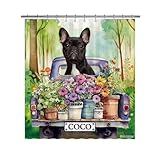 GABSHAIM Custom French Bulldog Flowers Spring Summer Shower Curtain Funny Dog Drive a Truck in Forest Bath Curtain Bathroom Home Decor 66x72 Inch Style 3