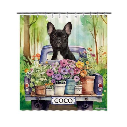 GABSHAIM Custom French Bulldog Flowers Spring Summer Shower Curtain Funny Dog Drive a Truck in Forest Bath Curtain Bathroom Home Decor 66x72 Inch Style 3