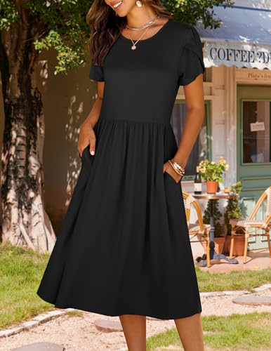 Image of HOTOUCH Women's Summer A-Line Midi Dresses 2026 Casual Floral Short Sleeve T-Shirt Dress Flowy Beach Sundress with Pockets