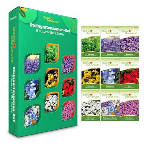 Steingartensamen Set - 9 Sorten Samen - Saatgut Sortiment - Set für Steingärten - Geschenkset - Blaukissen, Steinkraut, Staudenlein, Steinkraut, Thymian, Lavendel Steingartensamen Set - 9 Sorten Samen - Saatgut Sortiment - Set für Steingärten - Geschenkset - Blaukissen, Steinkraut, Staudenlein, Steinkraut, Thymian, Lavendel