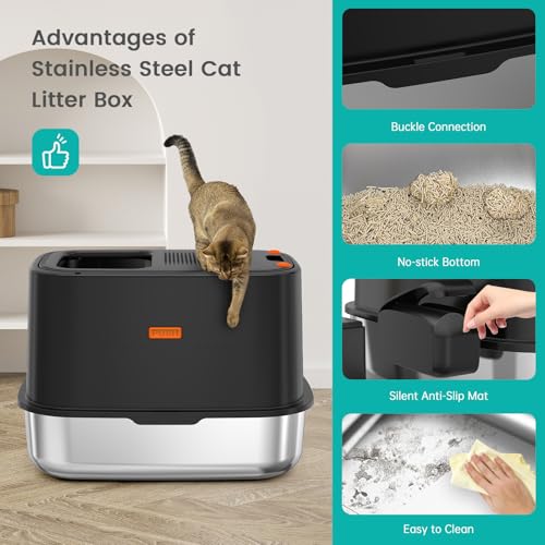 Image of WoofiGo Enclosed Stainless Steel Cat Litter Box with Lid, XL Extra Large Litter Box for Big Cats, Metal Litter Pan High Sided, Never Absorbs Odors, Anti-Urine Leakage, Include Scoop (V-Black)