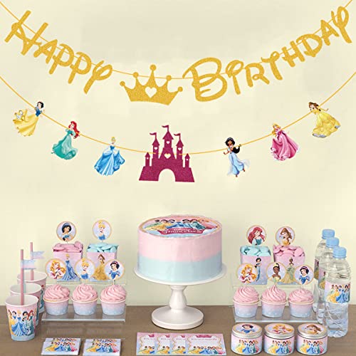 Enlsinr BN-PRINCESS-GOLD-A Birthday Banner For Girls, Princess Birthday Party Decorations Princess Dream Castle Fairy Themed Birthday Banner thumb #3