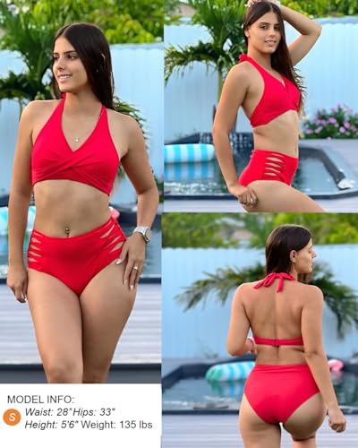 Image of Women's High Waisted Bikini Bottoms Tummy Control Strappy Swimsuit Bottom | Retro Lace-Up Sides, Crisscross Accent, Full Lining, Soft Stretch Fabric, Quick-Dry Comfort, Beach, Pool Parties & Vacations