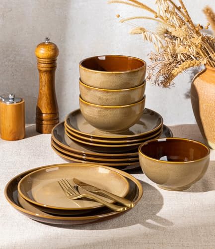 Image of LERATIO Ceramic Dinnerware Sets for 4, 12 Pieces Ceramic Plates and Bowls Sets, Scratch Resistant Dish Set, Oven, Microwave & Dishwasher Safe- Chestnut