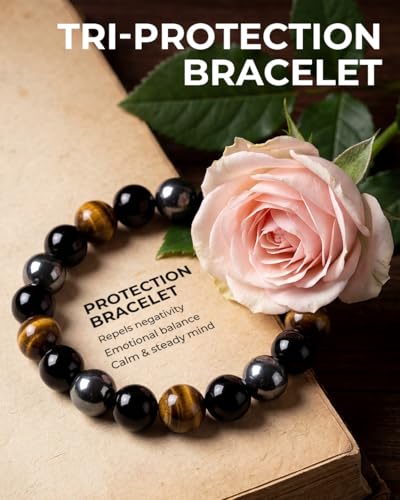 Image of Triple Protection Bracelet for Men & Women - Natural Tiger Eye, Black Obsidian & Hematite Beaded Bracelet - 10mm Healing Crystals for Luck, Prosperity & Spiritual Protection - Meaningful Gift