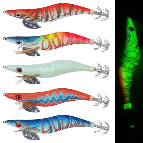 Glow Squid Jig Saltwater Squid Lures, 5/10pcs Luminous Squid Jig Hooks Shrimp Prawn Lures Fluorescent Cuttlefish Sleeve Octopus Jigs Artificial Baits Night Fishing Tackle Size 2.5# 3# 3.5#