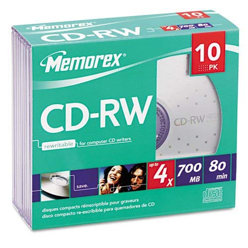 Memorex CD-RW Discs, 700Mb/80Min, 4x, W/Slim Jewel Cases, Silver (MEM03408) Category: CD Media