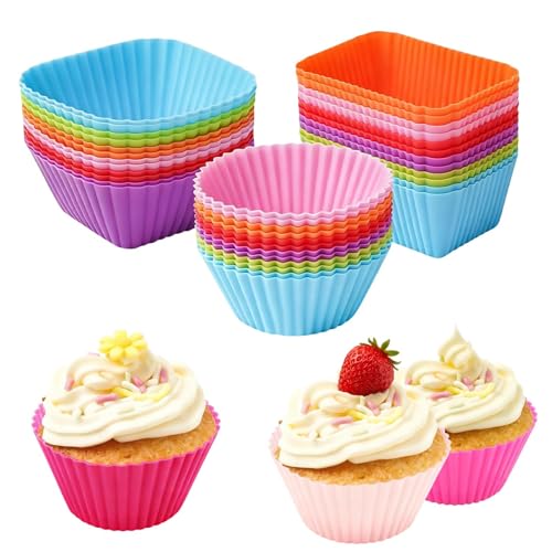 30Psc Reusable Silicone Muffin Cases Cupcake Muffin Baking Cups Liners Non-Stick Cake Molds Sets Bento Box 3 Shapes Heat Resistant