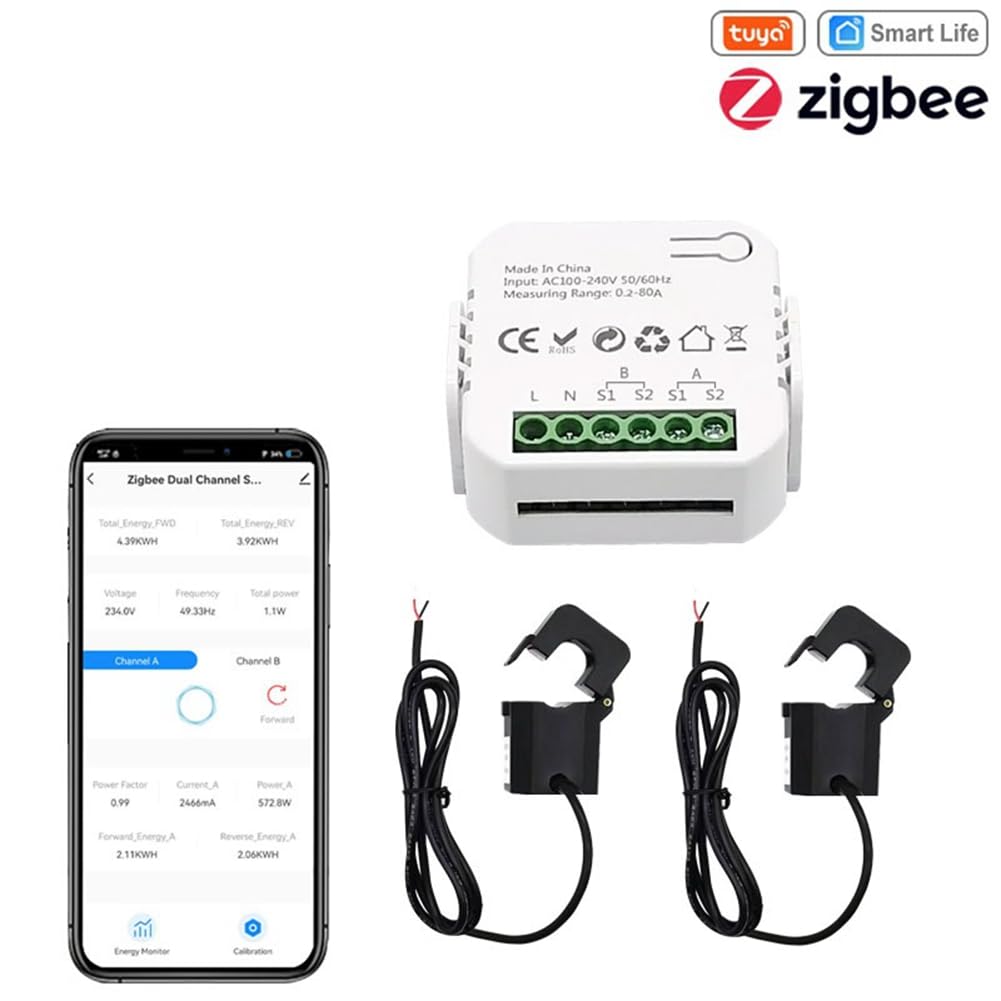 medidor de energía Tuya ZigBee 2 vías bidireccional con pinza sensor de corriente App Monitor potencia 100-240VAC, 1 canal 1CT fácil de usar