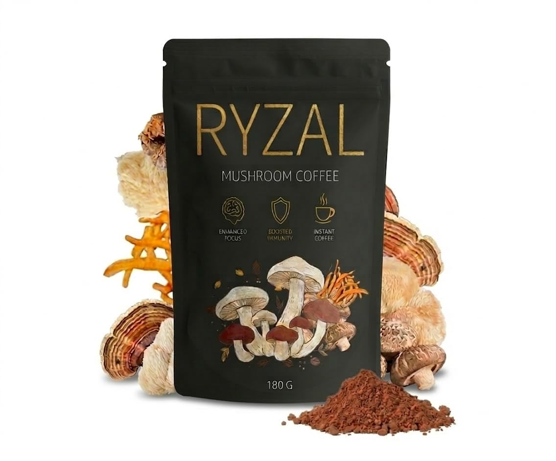 RYZAL Mushroom Coffee, Instant Organic Enhanced Focus, Boosted Immunity with Cordyceps, Reishi, Shitake, Turkey Tail, King Trumpet, Lions Mane for Energy Can Be Enjoyed Hot or Iced | 30 Servings