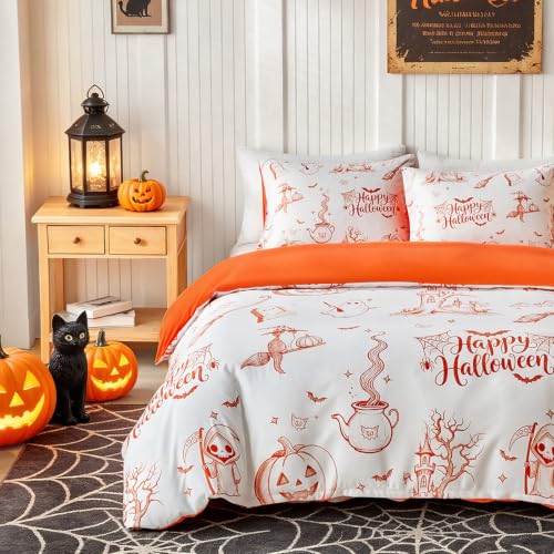 Image of Lekesky Halloween Orange Duvet Cover Queen Size, Pumpkin | Zipper Closure, 8 Interior Ties, Ultra Soft Microfiber Breathable, Machine Washable, 90 inch X 90 inch,with 2 Pillowceses 20 inch X 26 inch