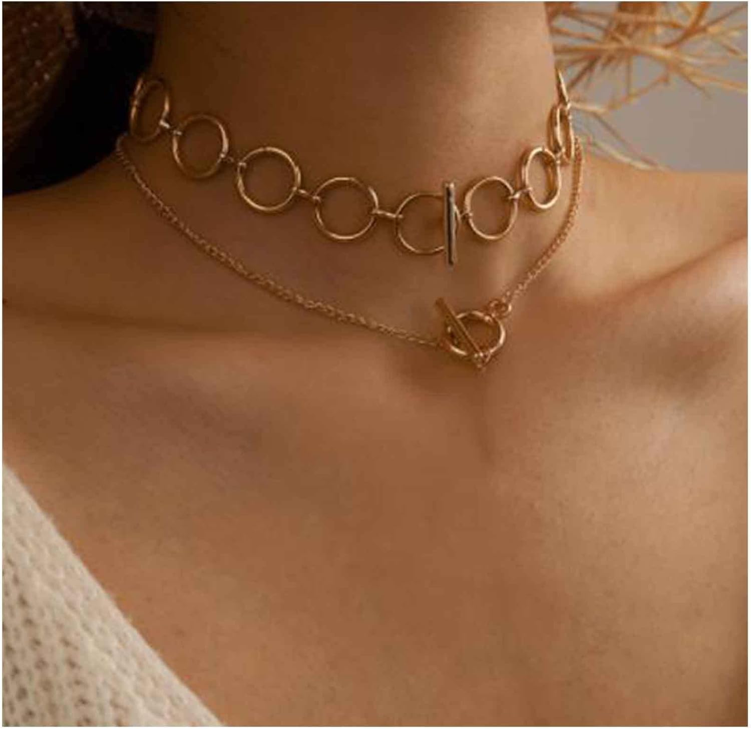 Vintage Layered Circle Necklace Double Interlocking Circle Necklace Round Circular Choker Necklace Gold T Bar Choker Necklace Jewelry for Women - Image 2