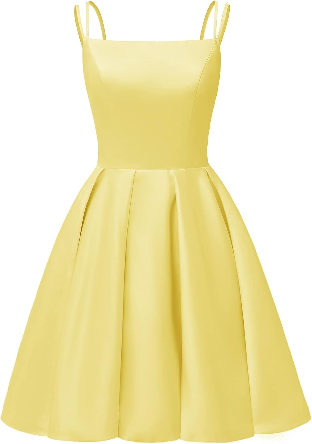 Yiann Women's Yellow Spaghetti Strap Satin Prom Dress Short 2025 A Line Ball Gown Knee Length Formal Cocktail Evening Dress Uk16