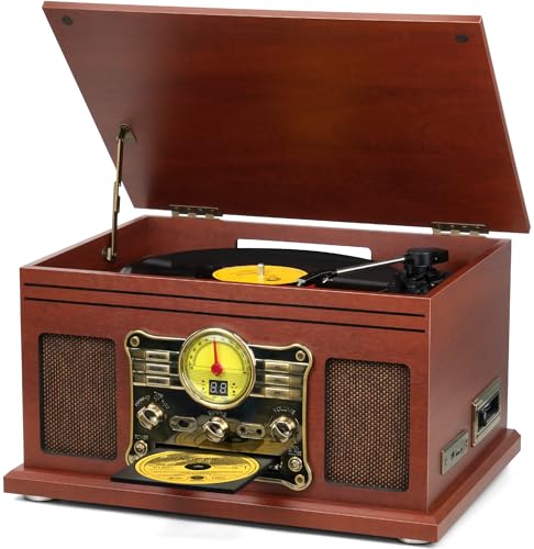FEKTIK Bluetooth Record Player 10 in 1, 3-Speed Turntable for Vinyl with Speakers, LP to MP3 Converter, CD, Cassette Player, FM Radio, Wireless Streaming | Mahogany