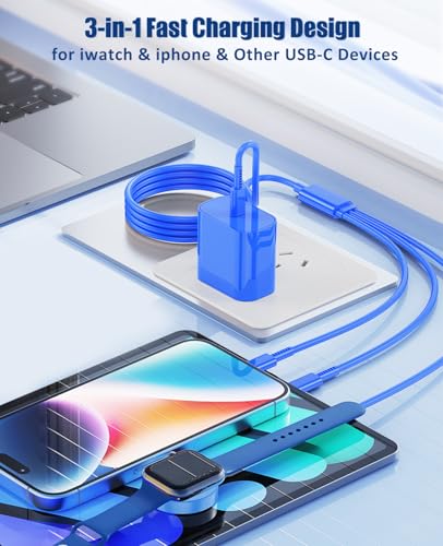 Image of for Apple Watch Charger Fast Charging,3 in 1 Multi Chargers Cable with 20W USB C Charger, iWatch Charger Cord 6FT for iWatch Series Ultra 3 /2 /SE 3 /11 /10 /9 /8 /7 /6 /5 /iPhone17 15 16 Pro Max /14 /13 /12-Blue