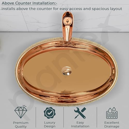 Image of Plantex Ceramic Wash Basin for Bathroom /Vessel Sink /Countertop Washbasin - Indo-European Collection (Rose Gold, 22 x 15 x 6 Inch)
