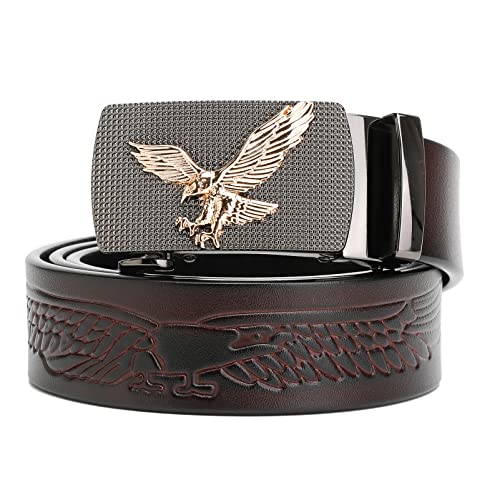 Genuine Leather Ratchet Belt with Automatic Buckle, Eagle Print Adjustable Slide Belt - Click Sliding Eagle Buckle