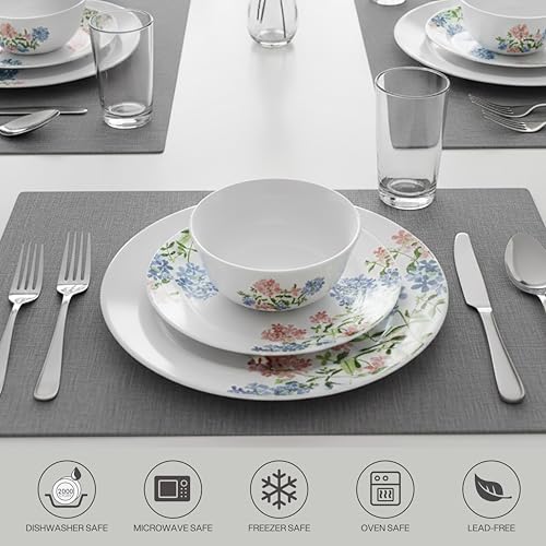 Image of Cello Opalware Regal Series Peach Bloom 35 Pieces Dinner Set | Opal Glass Crockery for 6 | Bone Ash-Free | Lightweight, Elegant White Plate & Bowl Set | Opal Glass Dinner Set for Daily Use & Gifting