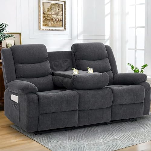 Korser Recliner Sofa, Reclining Loveseat with Console, Reclining Couch with Drop Down Table, 3-Seater Sofa with Cup Holder and Recessed Power Strip, Grey