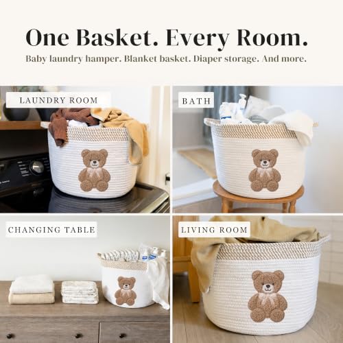 Image of Teddy Bear Baby Storage Basket, Woven Cotton Rope Nursery Bin, 15x11 in | Stuffed Animal and Blanket Storage, Embroidered Bear Patch, Gender Neutral Nursery Decor, Shower Gift, Playroom Organizer