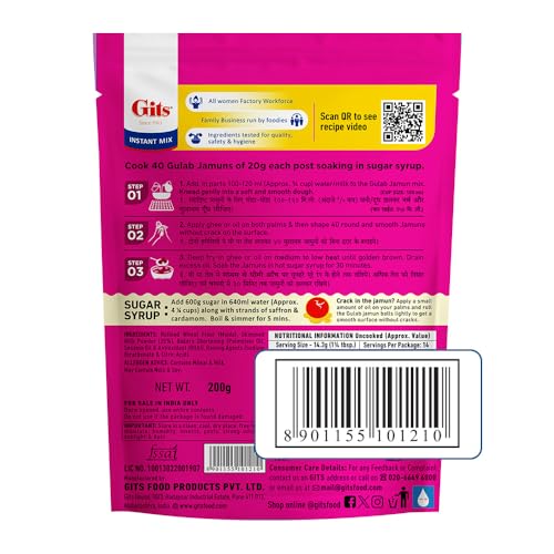 Image of Gits Instant Gulab Jamun Dessert Mix, Makes 40 per Pack, Pure Veg, Delicious Indian Dessert and Mithai, 400g (Pack of 4, 200g Each), White