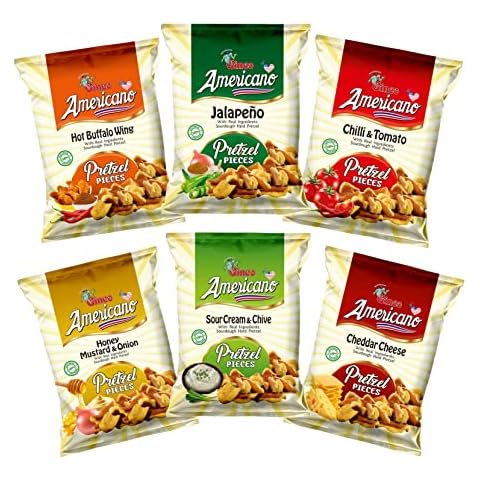 Americano Pretzel Pieces Mix Box 6 x 100g, Jalapeno, Cheese and Ham, Hot Wing, Honey Mustard & Onion, Chilli Tomato, Chive Cover