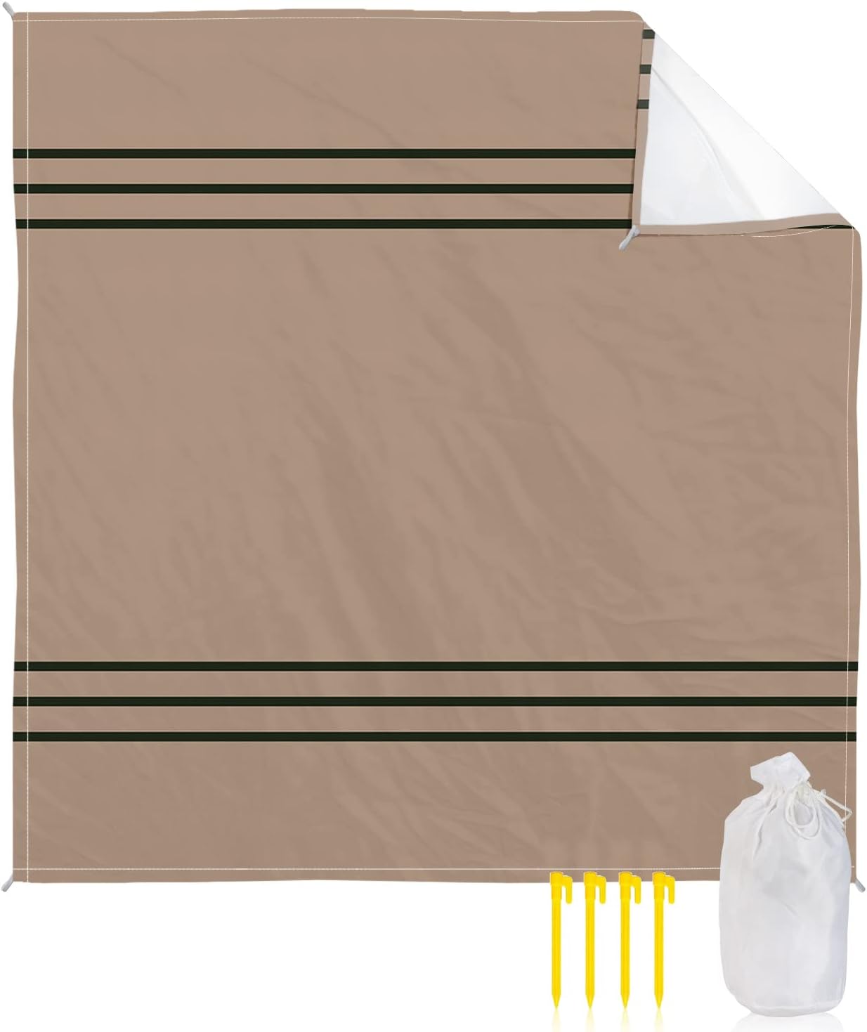 Vintage Dark Green Stripe Beach Blanket Waterproof Sandproof Outdoor Picnic Mat 83"x79" Brown Background Lightweight Large Beaach Blankets with 4 Stake & 4 Corner Pockets