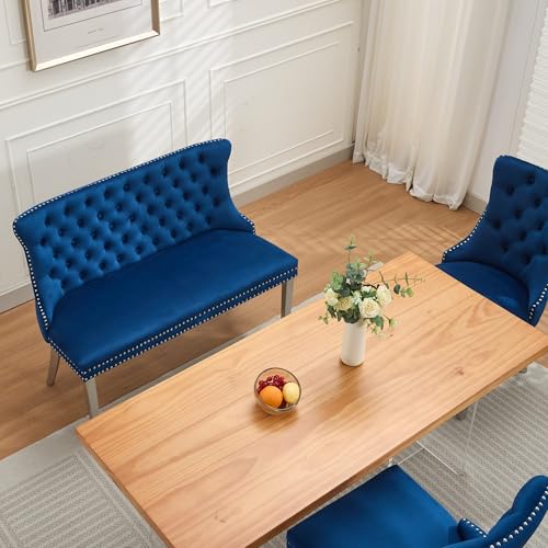 Image of 45.6''Velvet Dining Bench, Button Tufted Upholstered Dining Table Bench with Wing Highback, Nailhead Decoration, Small Loveseat Sofa with Silver Stainless Steel Legs, Mid Century Modern Seating, Blue