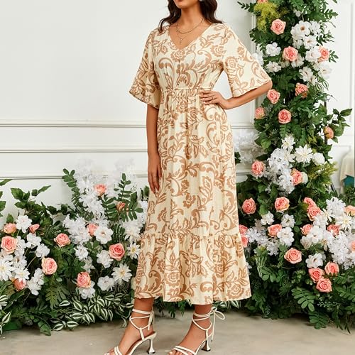 Image of Women's Summer Short Sleeve Maxi Floral Flowy Dresses with Pockets