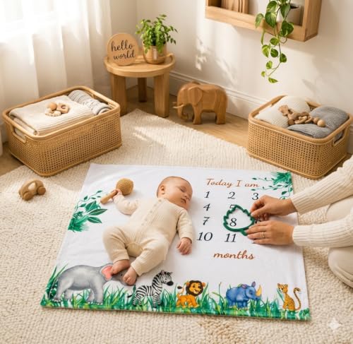Image of vmaisi Baby Milestone Blanket for Boy - Newborn Monthly Photo Prop Gift | Cute Green Animal Print - Spacious 100x80cm for Swaddling