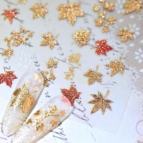 Image of Maple Leaf Nail Stickers Fall Nail Art Stickers Gold Nail Decals with Glitter Design 5D Self Adhesive Autumn Leaves Nails Charms Supply for Women Girls Thanksgiving Day Manicure DIY Decoration