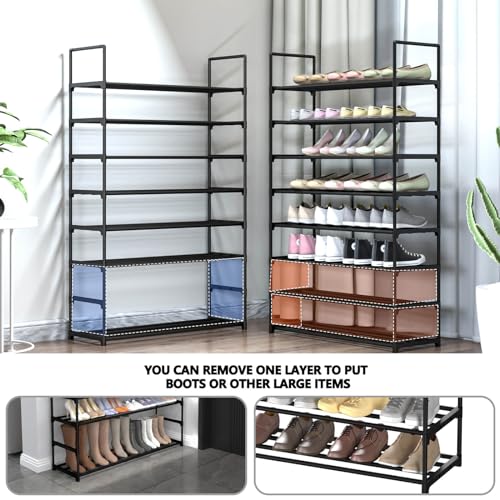 Image of Hsscblet 8 Tiers Metal Shoe Rack,Adjustable Shoe Shelf Storage Organizer with Hooks,Stackable Boot & Shoe Storage,for Entryway,Hallway,Closet,Black