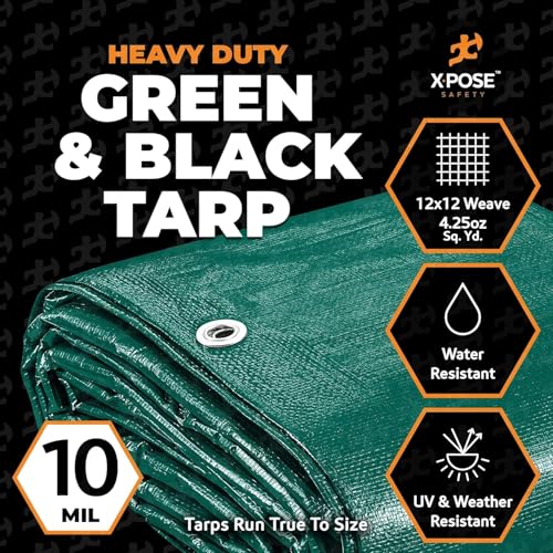Image of Heavy Duty Poly Tarp 20' x 30' - Bulk Half Pallet (48 Pack) Thick Waterproof, UV Blocking Protective Cover - Reversible Green & Black - 10 Mil Thick Polyethylene - by Xpose Safety