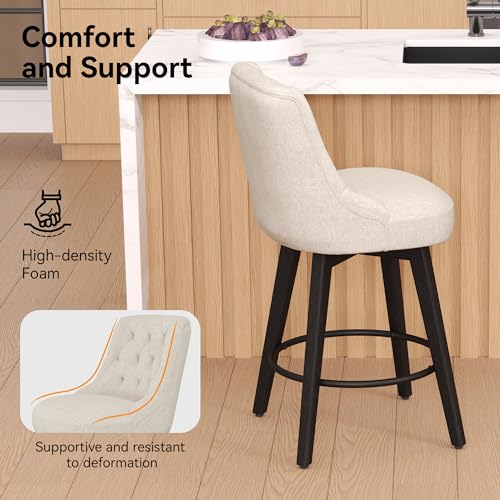 Counter-Height-Bar-Stools-Set-of-2-with-Back-26H-Upholstered-Swivel-Barstools-with-Solid-Wood-Legs-for-Kitchen-Island-Performance-Modern-Fabric-Counter-Stools-Flax-Beige Counter Height Bar Stools Set of 2 with Back 26H Upholstered Swivel Barstools with Solid Wood Legs for Kitchen Island Performance Modern Fabric Counter Stools Flax Beige