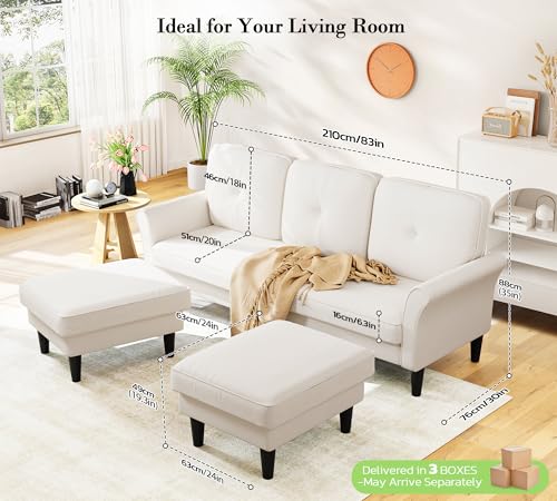 Image of Small Sectional Couch, 83 inch U Shaped Couch, Comfy Velvet Couches for Living Room, Tool-Free Setup Modular Sectional Sofa, 850lbs Load Sofas for Living Room with 2 Movable Ottomans, White Couch