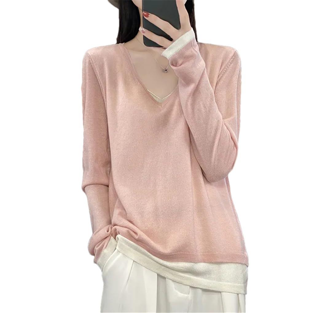 Jersey fino de lana con cuello en V para primavera y otoño para mujer, casual, ajuste holgado, falso, dos piezas