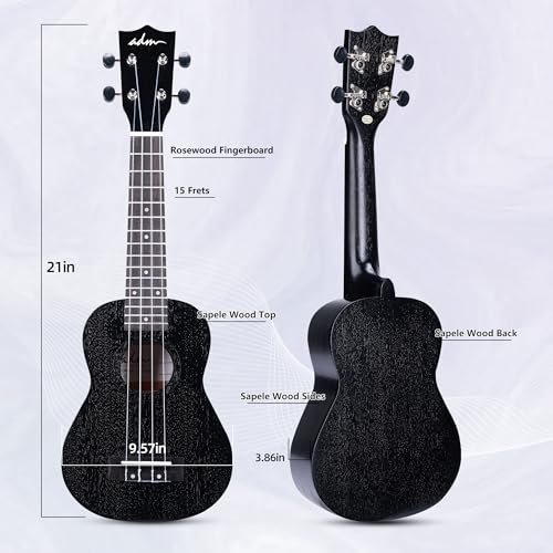 Image of ADM Ukulele for Beginners Hawaiian Sapelewood Ukelele Kit for Adult Student Starter Professional Ukalelee Pack Bundle with Free Lessons Gig Bag Strap Nylon String Tuner (Black-Sapele, 21 Inch)