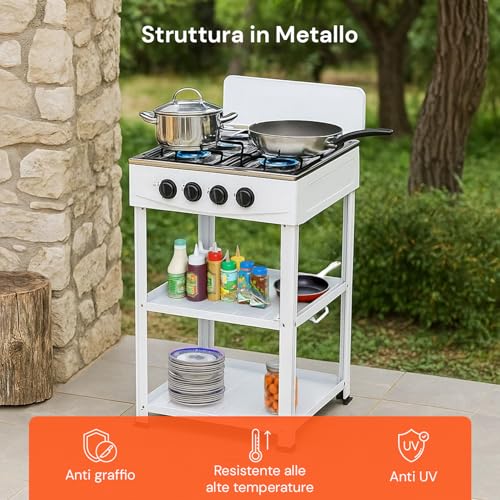 Avilia - Kochfeld mit 4 Gasbrennern für den Außenbereich mit robuster Metallstruktur, Seitenablagen aus Stahl, Anschluss für LPG-Flasche, ideal für Camping und Grillen (weiß)