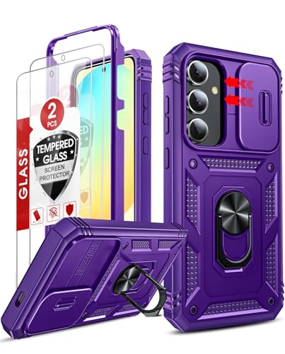 LeYi Funda compatible con Galaxy S24 FE: funda para Samsung Galaxy S24 FE con 2 protectores de pantalla de vidrio templado y soporte magnético, funda protectora de doble capa para celular Android S 24