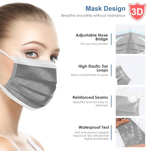 Image of NNPCBT Grey Disposable Face Masks 125 Pack,3-Ply Breathable Mask For Adults,Great For Outdoors,Home, Office, School