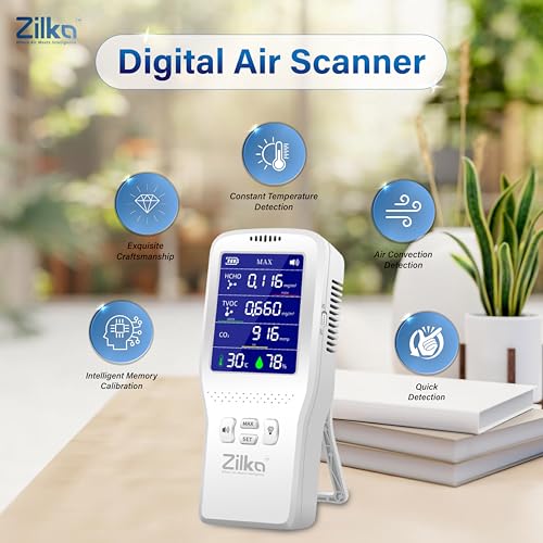 Image of Zilka Air Quality Monitor | Accurate CO2, 11+ Gases TVOC Sensor, HCHO | IAQ | Temperature & Humidity | All Day Battery | 2000mAH Pollution Meter | Smart Alarm | Type-C