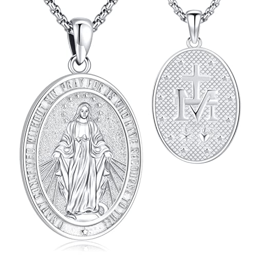 S925 Sterling Silver Miraculous Medal Necklace for Women Men Catholic Virgin Mary Charm Pendant Necklace Blessed Mother Pendant Christian Jewelry