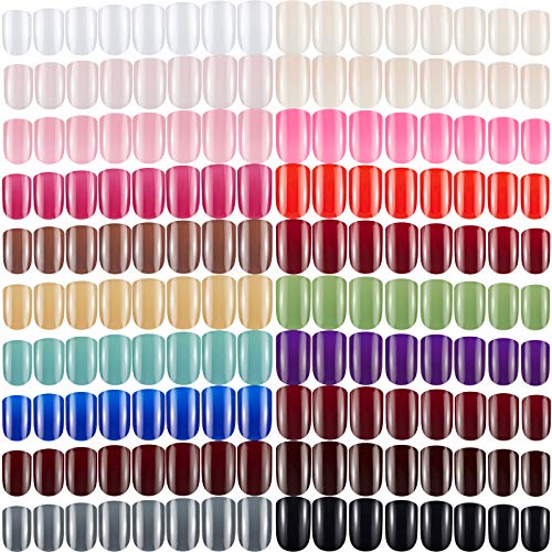 1200 Pieces 2 Boxes Square Press on Nails Solid Color False Nails Square Colorful Fake Nail Tip Glossy Artificial Nail Full Cover Square Nails for Women Girls DIY Nail Art Decoration (Medium)