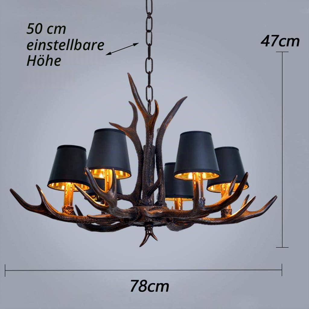 Vintage Pendelleuchte Geweih Retro Industriestil Hängelampe Harz Schwarzer Eisen Lampenschirm Pendellampe E14 Höhenverstellbarer Hängeleuchte Esszimmer Wohnzimmer Cafe Küche Bar Kronleuchter 6 heads