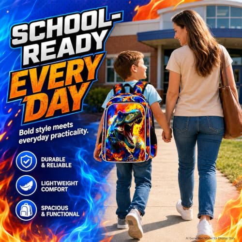 Image of 17 inch Dinosaur Backpack, Boys Kids Bookbag with Lunch Box, 3Pcs Dino School Backpacks for Elementary Preschool Kindergarten (Fire Red)